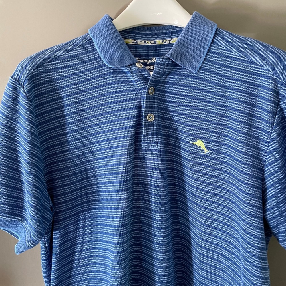 Tommy Bahama IslandZone Mens Medium Blue Striped Pima Cotton Blend Polo Shirt